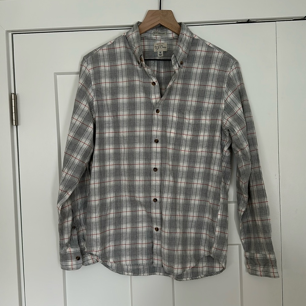 Men’s j crew brushed twill slim fit button down shirt in grey/white & red detail